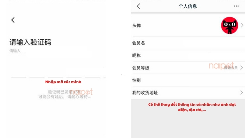Nhập mã xác nhận - thay đổi thông tin cá nhân